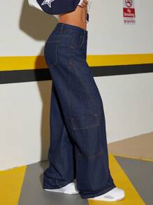 SHEIN ICON Quần Jeans Ống Rộng Viền Thô Rộng Rãi Cho Nữ, Xuân/Thu - Rửa tối - Xem 4