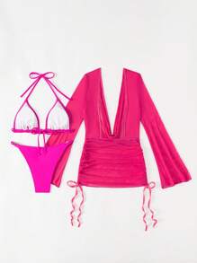 SHEIN Swim Summer Beach Solid Halter Triangle Bikini Set With Cover Up