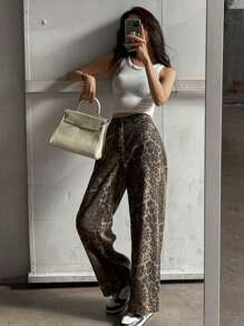 DAZY 女士豹纹宽松阔腿长牛仔裤