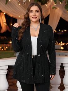 SHEIN Privé كارديجان كنزة صوفية محبوك مزين بالكسرات والغليتر ذو أكمام طويلة وياقة على شكل حرف V مناسب للمناسبات الرسمية والحفلات المسائية والأنيقة مثل حفلات الشاي بعد الظهر والمواعدة والحفلات الموسيقية ، مقاس كبير - الأسود - مشاهدة 7