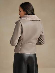 Anewsta 1pc Women Black PU Leather Composite Imitation Rabbit Fur Collar Jacket