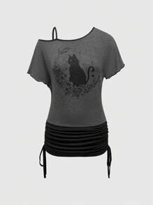 ROMWE Fairycore Vintage Casual Cat Print Open Shoulder 2 In 1 Drawstring Dress For Women