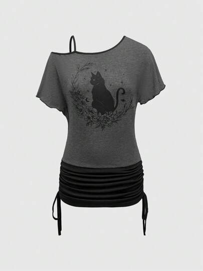 Fairycore Vintage Casual Cat Print Open Shoulder 2 In 1 Drawstring Dress For Women