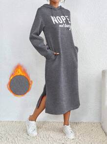 Chiquease Women Letter Graphic Drop Shoulder Long Sleeve Thermal Lined Hooded Long Sweatshirt Dress, Casual Autumn/Winter