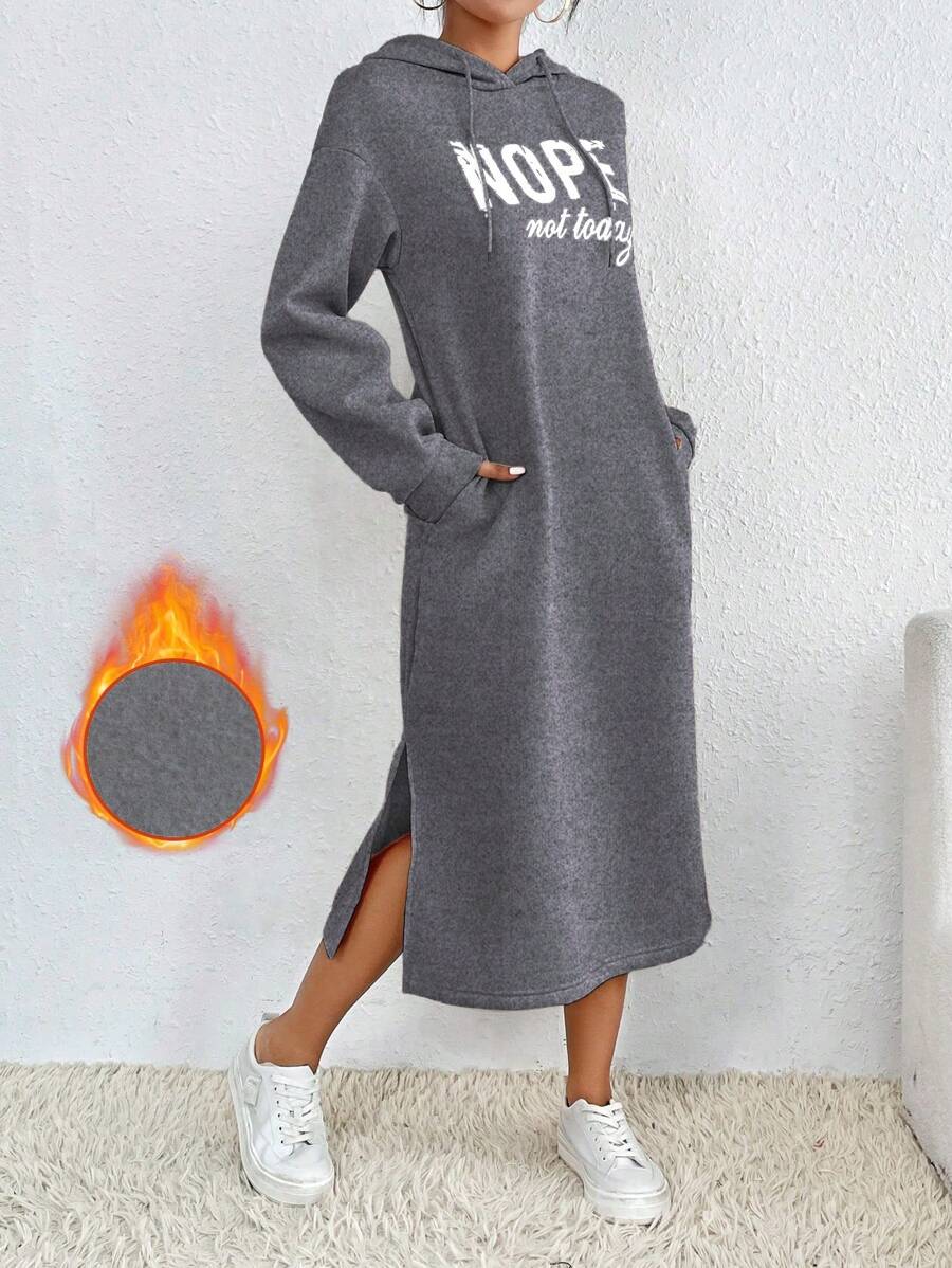 Chiquease Women Letter Graphic Drop Shoulder Long Sleeve Thermal Lined Hooded Long Sweatshirt Dress, Casual Autumn/Winter