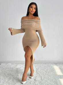 VaVaBold Off-The-Shoulder Layered Design Slit Fitted Sweater Dress - Khaki - View 1