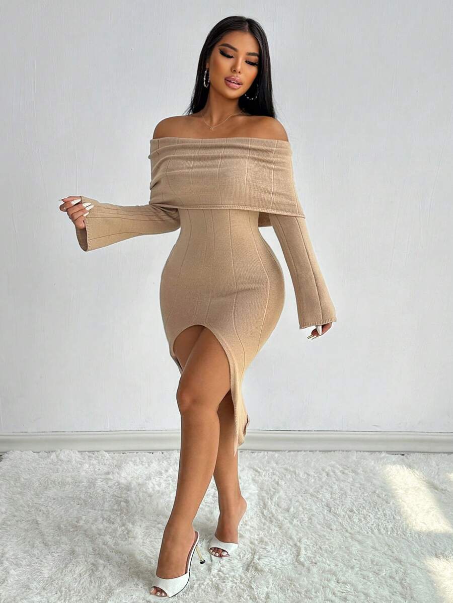VaVaBold Off-The-Shoulder Layered Design Slit Fitted Sweater Dress - Khaki - View 1