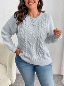 Plus Size Women Casual Solid Color Drop Shoulder Relaxed Fit Cable Knit Pullover Sweater, For Winter Knit Pullover Fall Sweater - Grey - View 4