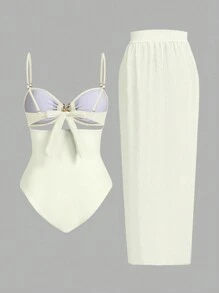 Swim Oasis Conjunto de traje de baño de una sola pieza con decoración de estrella de mar metálica, busto fruncido y hueco, talla grande falda envolvente con nudo, para playa de verano