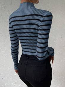 Chiquease 女士休闲日常高领条纹修身长袖毛衣，秋冬 - 藏蓝色 - 查看 2