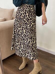 DAZY Falda midi de línea A con estampado de leopardo para mujeres