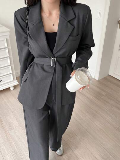 DAZY 纯色宽松腰带西装外套和阔腿裤女士套装，秋季商务装