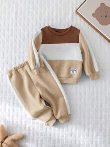 Cozy Pixies 2pcs Baby Boy Contrast Color Soft Knit Crew Neck Long Sleeve Sweatshirt And Jogger Pants Set - Multicolor - View 5