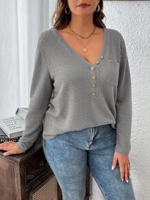 SHEIN LUNE Knit Textured V-Neck Button Decor Fitted Long Sleeve T-Shirt