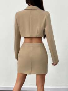 Chiquease 2pcs Khaki Blazer Jacket With Double Pockets And A-Line Skirt Suit Set, Stylish