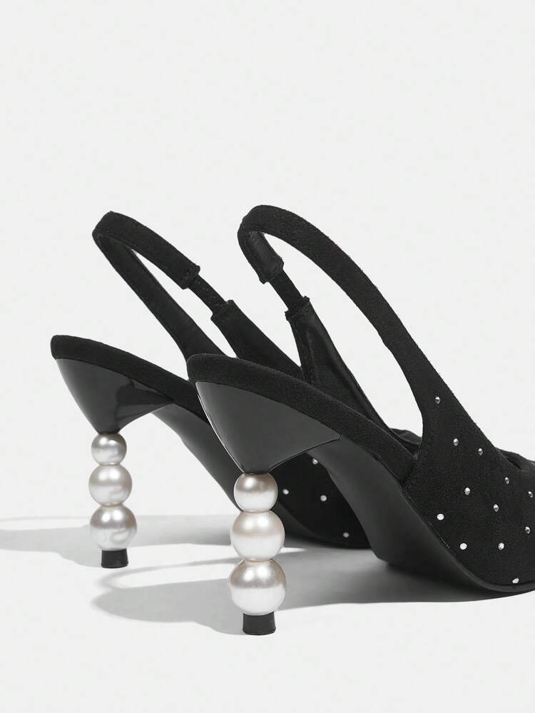 CUCCOO CHICEST Tacones altos sexy con puntera puntiaguda, tira alta en el empeine, adornos de perlas y cristales, tacón grueso - Tacones negros de corte bajo