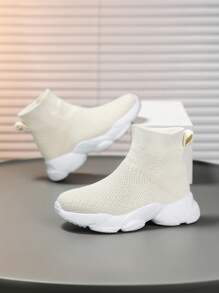 儿童中帮运动鞋，纯色，时尚百搭弹性鞋面，轻松穿脱，一键式，适合在校学生和朋友的厚底鞋，秋冬季