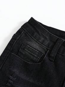 SHEIN Tween Boys Distressed Pockets Zipper Casual All-Match Straight Leg Jeans - Black - View 6