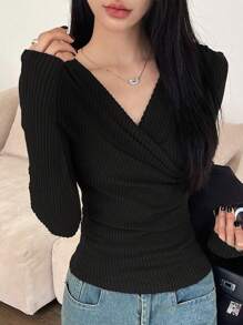 DAZY Women Casual Solid Color Warm Thermal Lined Crossover T-Shirt, Autumn