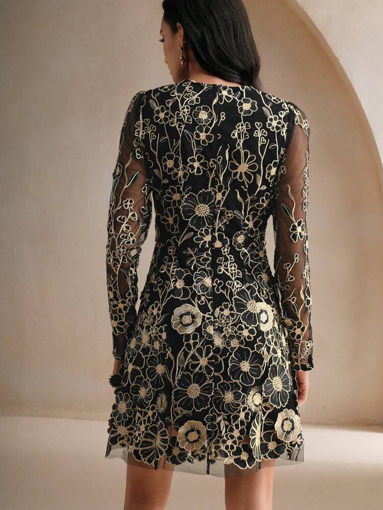 Women Floral Embroidered Mesh Round Neck Elegant Long Sleeve Short Mini Dress