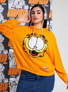 GARFIELD | SHEIN 大码街头风可爱卡通猫咪印花保暖针织面料刺绣贴片装饰宽松卫衣，冬季款 - 黃色 - 查看 5