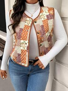 SHEIN Frenchy Plus Size Vintage Print Casual Padded Coat, Suitable For Daily And Home Wear, Winter - Multicolor - View 6