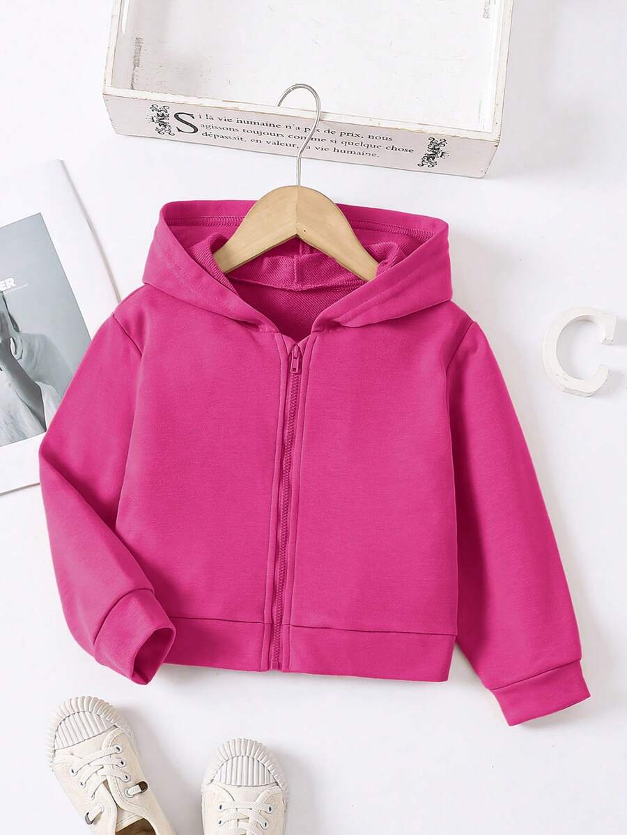 SHEIN Young Girl Casual Solid Color Zippered Front Hooded Jacket, Spring/Autumn - Hot Pink - View 1