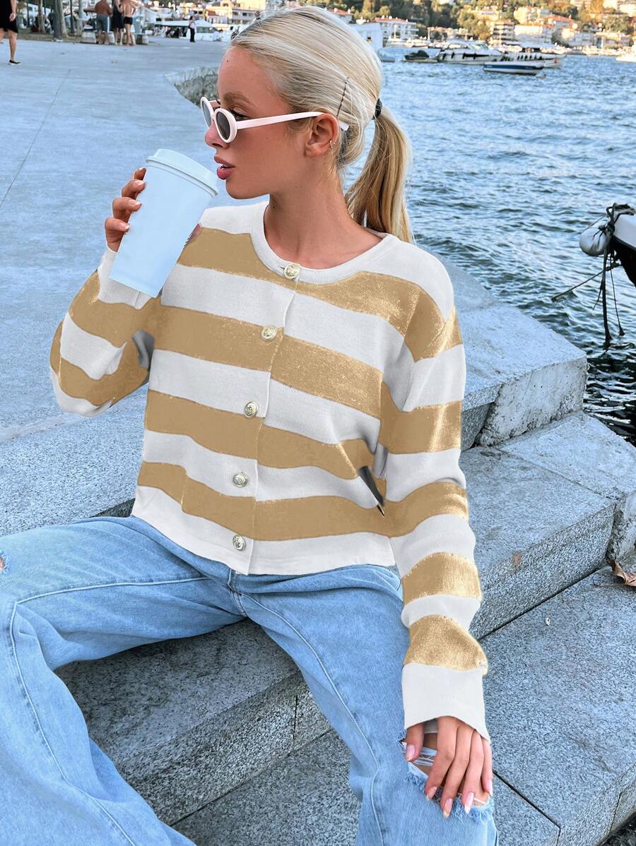 EURMUSE Áo len cardigan sọc cài nút phía trước cho nữ mặc hàng ngày, mùa thu/đông - gừng - Xem 1