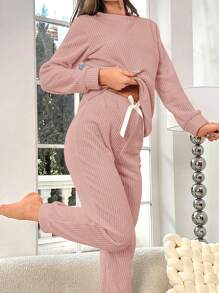 2pcs Solid Color Sherpa Crew Neck Long Sleeve Top And Pants Fluffy Pajama Set Cozy Outfit, Fall Winter Clothes