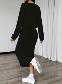 Chiquease 2pcs/Set Solid Color High Slit Thigh Long Dress And Front Opening Cardigan - Black - View 2