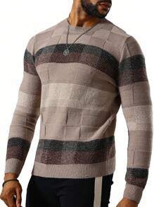 Manfinity Homme Men Color Block Urban Casual Pullover Long Sleeve Sweater, For Boyfriend Gift - Khaki - View 4