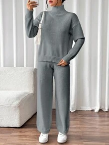 Chiquease 2 件套女士纯色高领落肩长袖休闲毛衣和针织裤套装，秋冬 - 灰色 - 查看 4