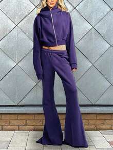 SHEIN EZwear 2 件套女士休闲宽松拉链连帽衫和阔腿裤，健身健身服运动套装，秋冬 - 紫色 - 查看 4