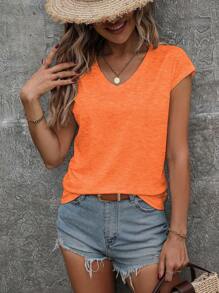 SHEIN LUNE 女式纯色简约 V 领蝙蝠袖宽松 T 恤，夏季 - 橘色 - 查看 4