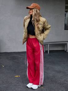 EMERY ROSE Casual Quilted Baseball Puffer Jacket, Versatile Splicing Design Women Outerwear Fall Cloth For Women - Khaki - View 7