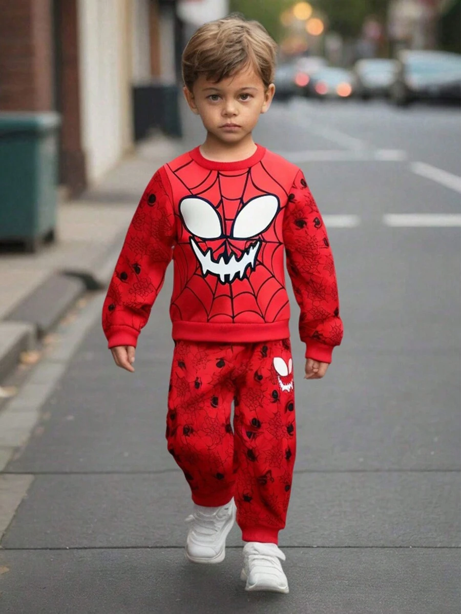 SHEIN 2pcs Young Boy Red Spider Cartoon Print Fleece Sweatshirt And Elastic Waist Pants Set, Suitable For Autumn/Winter - Red - View 1