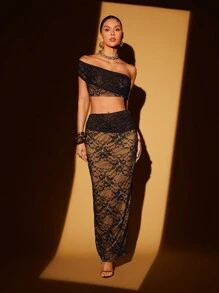 Lumalex Fall Winter Thanksgiving Outfit New Years Thanksgiving Rave Festival Outfits Formal Prom New Years Eve Outfit Concert Pparty BanquetHallWomen 2pcs/Set Lace Off Shoulder Crop Top And Low Waist Mini Skirt - Black - View 4