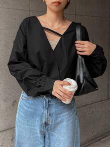 FRIFUL 1pc Women Casual Solid Color Lantern Sleeve Wrap Shirt, Autumn Long Sleeve Top