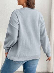 Plus Size Women Casual Solid Color Drop Shoulder Relaxed Fit Cable Knit Pullover Sweater, For Winter Knit Pullover Fall Sweater - Grey - View 2