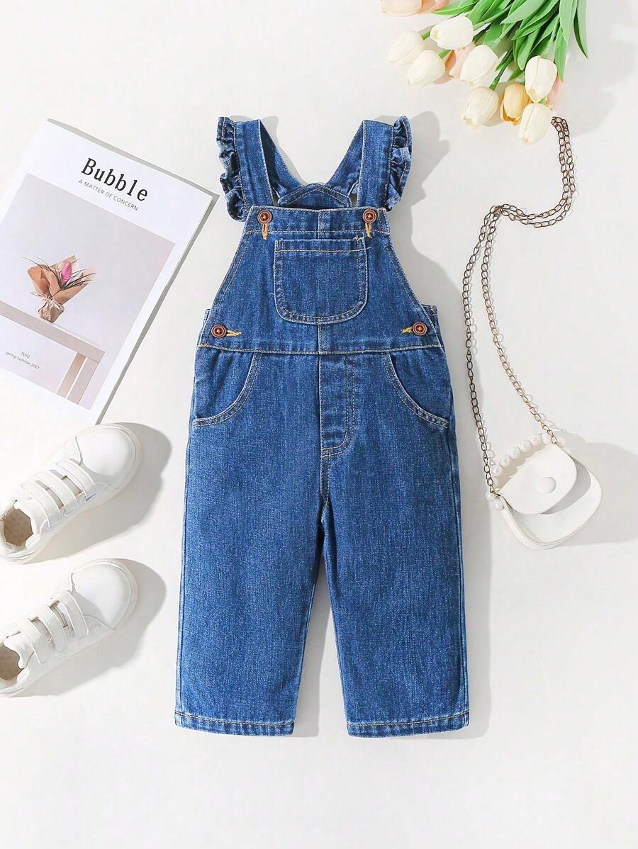 SHEIN Playful Pals 女宝宝可爱休闲洗水牛仔背带裤 - 中等水洗藍 - 查看 1