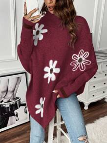 Chiquease Floral Print Asymmetric Hem Stand Collar Long Sleeve Sweater