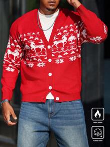 Manfinity Homme Plus Size Men's Button Front Long Sleeve Casual Graphic Shirt, Minimalist Style For Daily Wear Christmas - Red - View 1