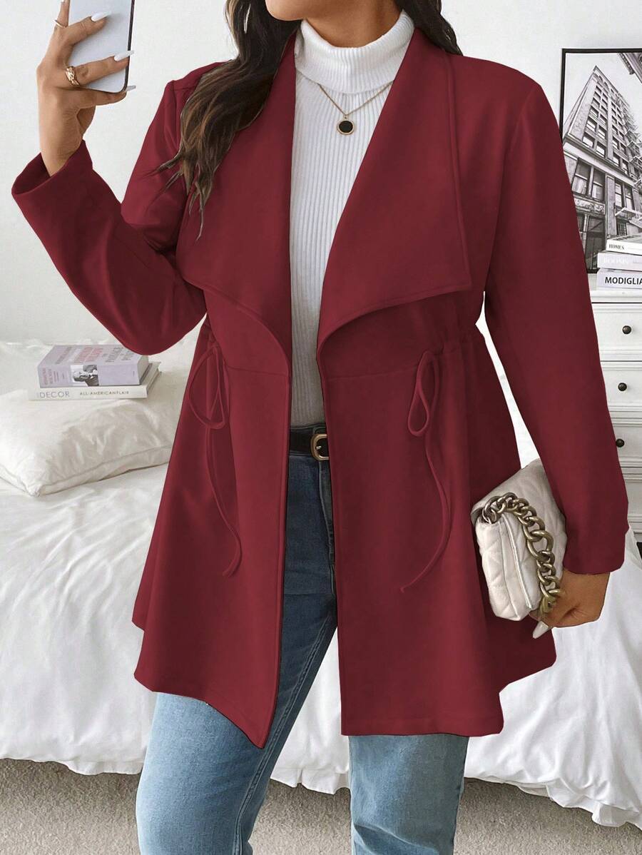 Flirla Plus Size Faux Suede Turndown Collar Drawstring Jacket - Red - View 1