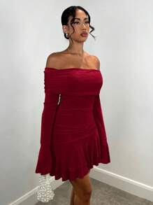 SHEIN BAE 女士露肩喇叭袖荷叶边下摆连衣裙、早午餐女装、秋季女装 - 酒紅色 - 查看 5