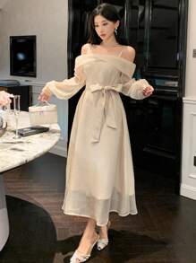 DAZY Women's Off Shoulder Solid Color Mid-Length Mesh Dress,Elegant Beige Autumn Party Prom Dress,Long Sleeve Birthday New Year Eve Back To School Clothes - Beige - View 8