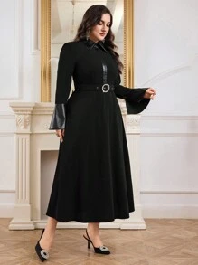 Modelyn 大码女式秋季拼接 PU 皮革喇叭袖长款优雅连衣裙长款晚礼服 - 黑色 - 查看 6