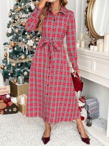SHEIN Clasi Vestido de mujer de cuadros rojos y verdes con cuello y cintura entallada, ropa navideña - Rojo - Ver 1