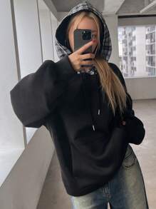 DAZY Áo nỉ nỉ kẻ caro dáng rộng thoải mái mới cho nữ mùa thu - màu đen - Xem 2