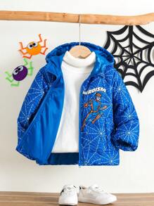 SHEIN Young Boys Classic Versatile Casual Cool Hooded Warm Spider Web Superhero Full Print Thick Padded Winter Snow Parka, Autumn/Winter - Blue - View 1