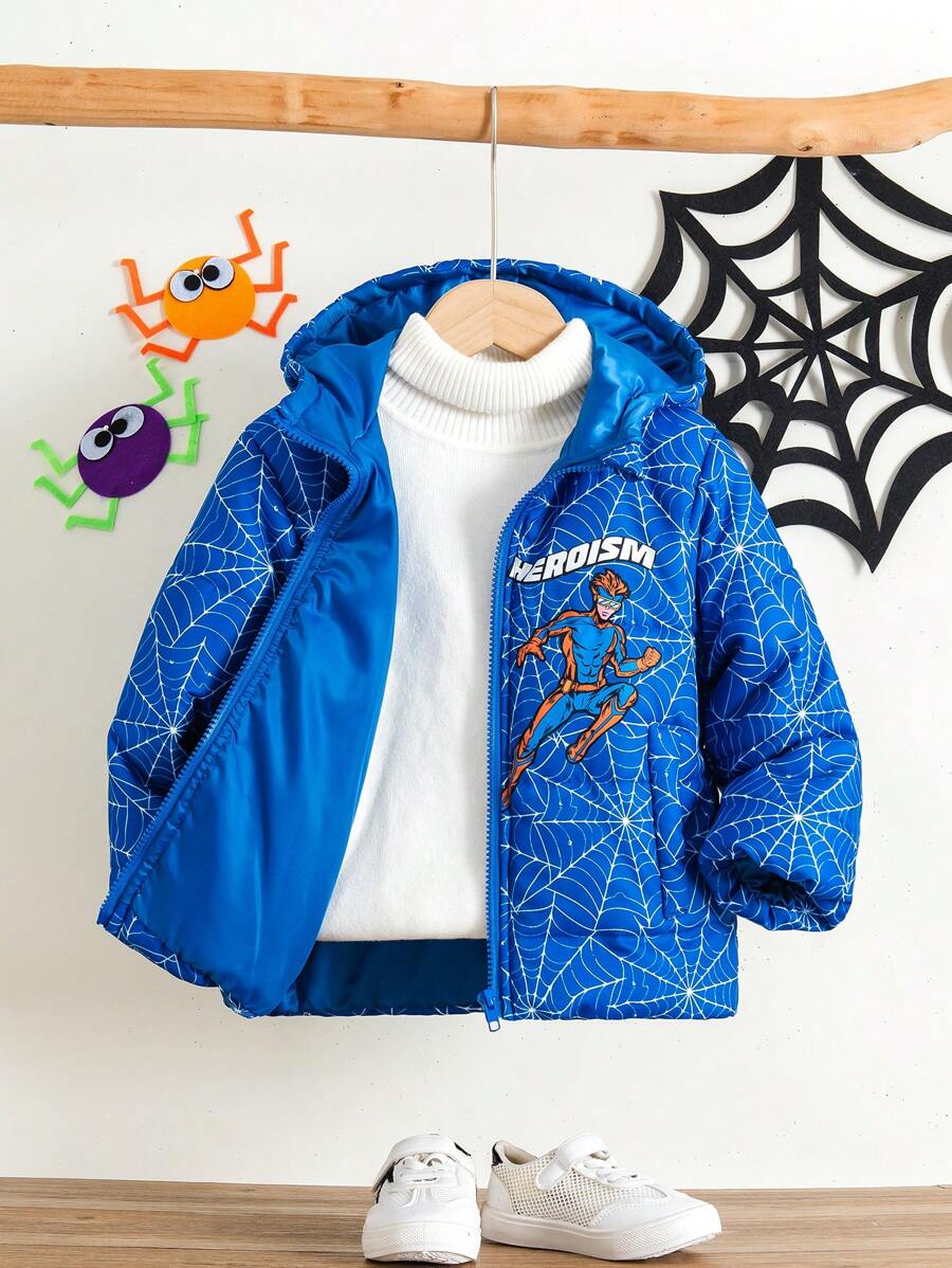 SHEIN Young Boys Classic Versatile Casual Cool Hooded Warm Spider Web Superhero Full Print Thick Padded Winter Snow Parka, Autumn/Winter - Blue - View 1
